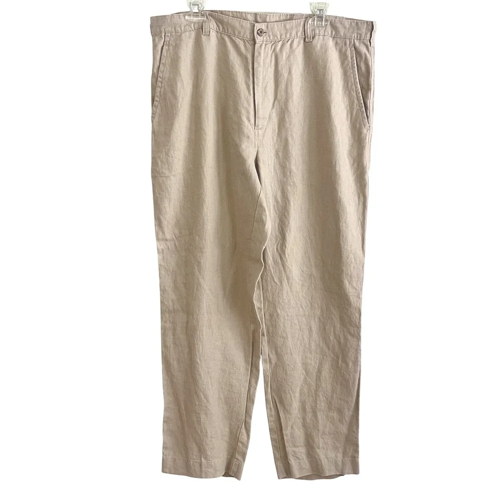 Jos. A. Bank Linen Pants Mens 38x30 Flat Front Straight Leg Khaki Summer Coastal